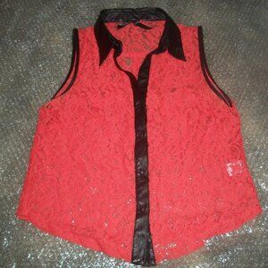 womens sheer lace button tank.faux leather trim.size small
